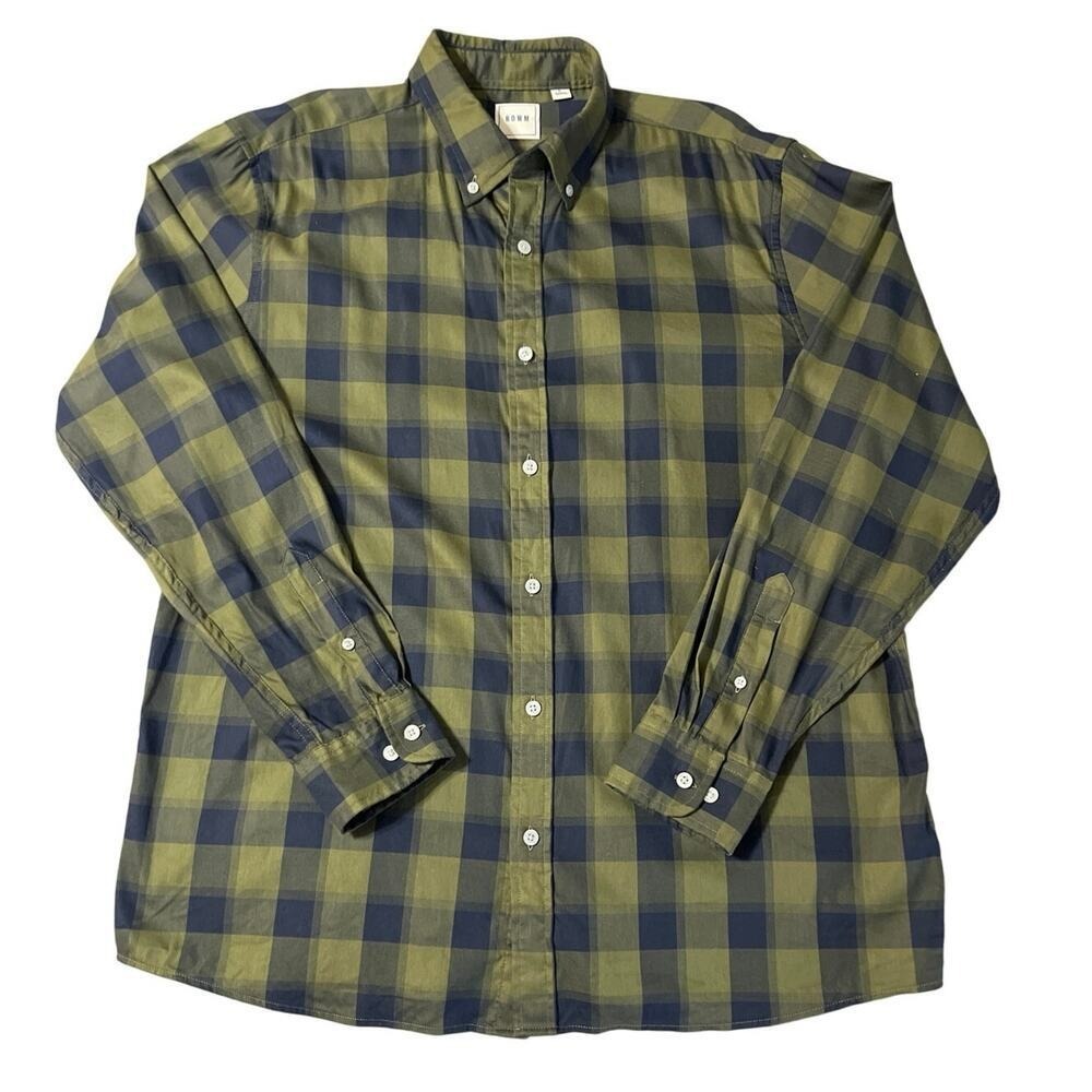 ROWM Gorpcore Button Down Shirt Long Sleeve L Green Plaid Lightweight Casual